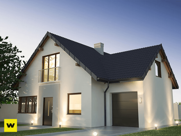 Modernes Einfamilienhaus mit Garage und Garten bei Sonnenuntergang, Immobilie kaufen.